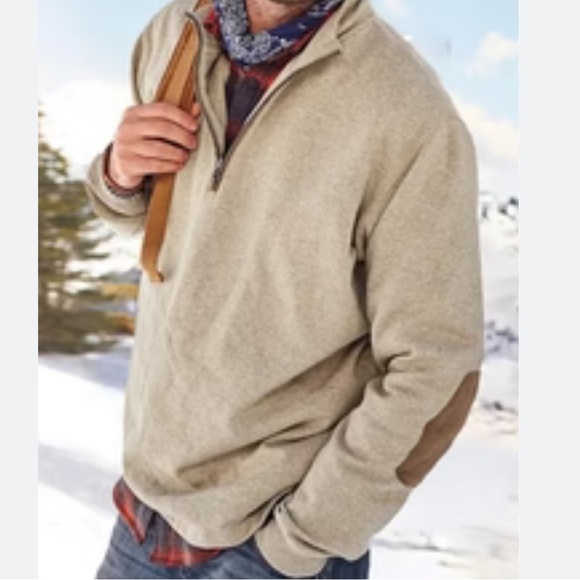 Polo Ralph Lauren Men Sz M Beige Shawl Sweater Suede Arm Patches Pullover - Picture 1 of 11
